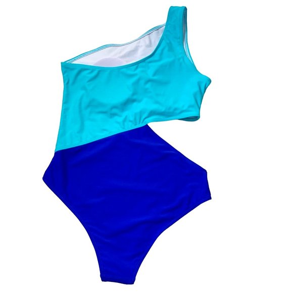 SweatyRocks One Shoulder Cut Out One Piece Swimsuit Size Large Two Tone Blue - Picture 5 of 13
